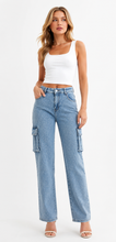 Load image into Gallery viewer, BETWEEN US MID RISE RHINESTONE CARGO STRAIGHT LEG JEANS