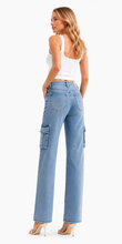 Load image into Gallery viewer, BETWEEN US MID RISE RHINESTONE CARGO STRAIGHT LEG JEANS