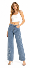 Load image into Gallery viewer, BETWEEN US HIGH RISE FRAYED FLOWER WIDE LEG JEANS