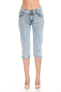 BETWEEN US HIGH RIST PLUS SIZE 3 BUTTONS ACID WASH DENIM CAPRIS