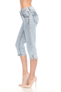 BETWEEN US HIGH RIST PLUS SIZE 3 BUTTONS ACID WASH DENIM CAPRIS