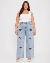 Load image into Gallery viewer, BETWEEN US PLUS High Rise Bow Embroidered Acid Wash Wide Leg Jeans