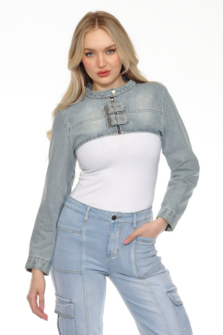 BETWEEN US Cropped Denim Shrug Jacket with Front Buckle Strap Detail and Zipper Closure