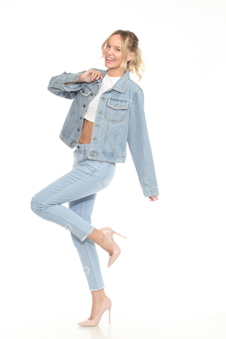 BETWEEN US Denim Jacket with Rhinestone Bow Back Detail and Pearl Studded Front Pockets