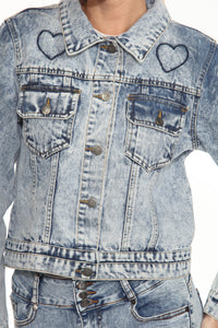 BETWEEN US Acid Wash Denim Jacket with Heart Embroidery
