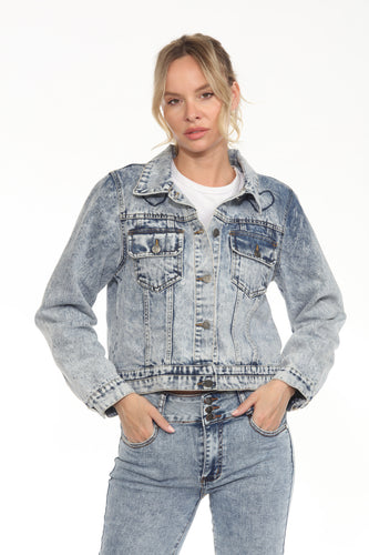 BETWEEN US Acid Wash Denim Jacket with Heart Embroidery
