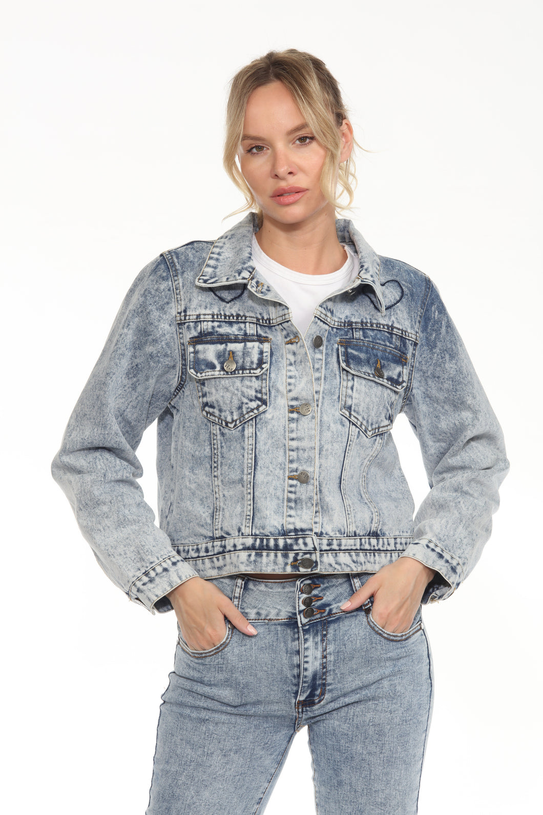 BETWEEN US Acid Wash Denim Jacket with Heart Embroidery