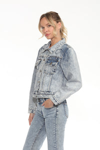 BETWEEN US Acid Wash Denim Jacket with Heart Embroidery