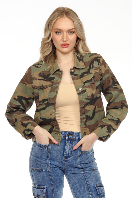 BETWEEN US Camo Denim Jacket with Front Flap Pockets