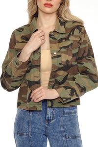 BETWEEN US Camo Denim Jacket with Front Flap Pockets