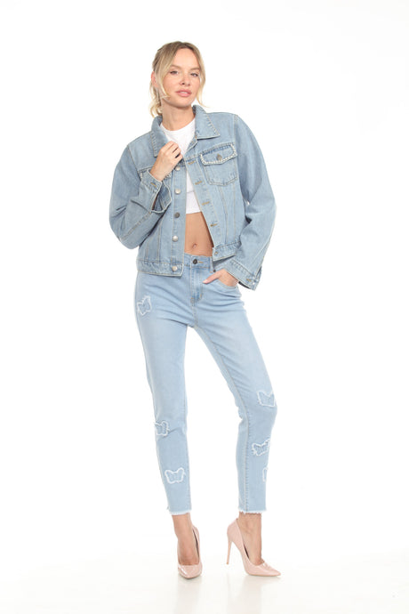 BEWEEN US WOMEN HIGH RISE DENIM JEANS WITH BUTTERFLY PATCH