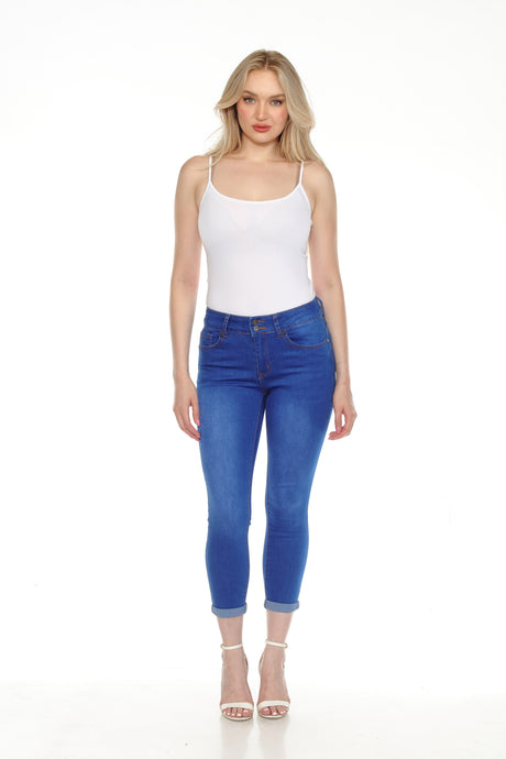 BETWEEN US Women Petite Mid-Rise Rolled Cuff Blueberry Denim Jeans