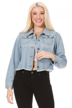 Load image into Gallery viewer, BETWEEN US Frayed Crop Pearl Denim Jacket with Elastic Waistband