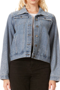 BETWEEN US ALL OVER RHINESTONE EMBELLISHED DENIM JACKET