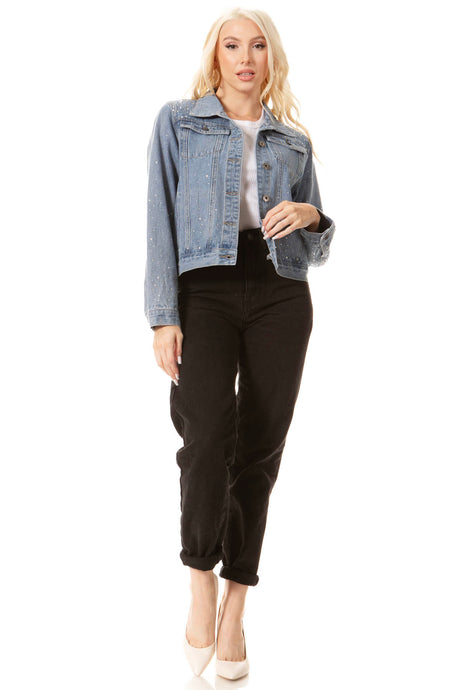 BETWEEN US ALL OVER RHINESTONE EMBELLISHED DENIM JACKET