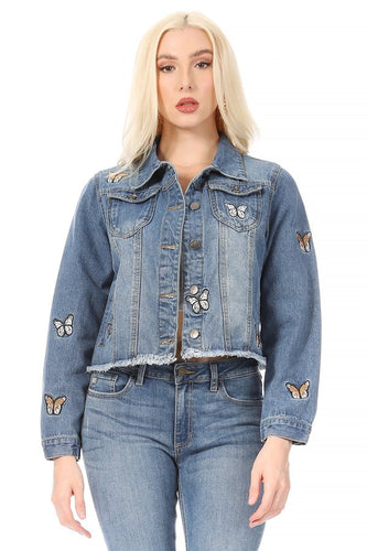 BETWEEN US PLUS SIZE BUTTERFLY EMBROIDERY DENIM JACKET