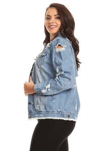 Between Us Plus Size Denim Jacket in medium blue with white faux pearls